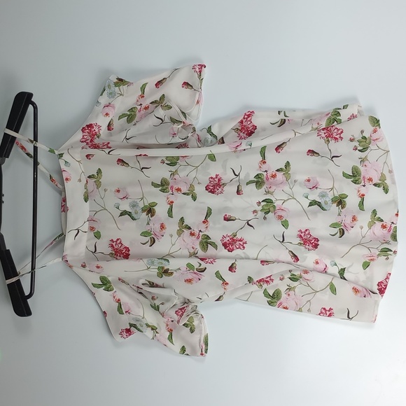 Express Floral Button Up Over the Shoulder Blouse Top White Pink & Green - Picture 6 of 9